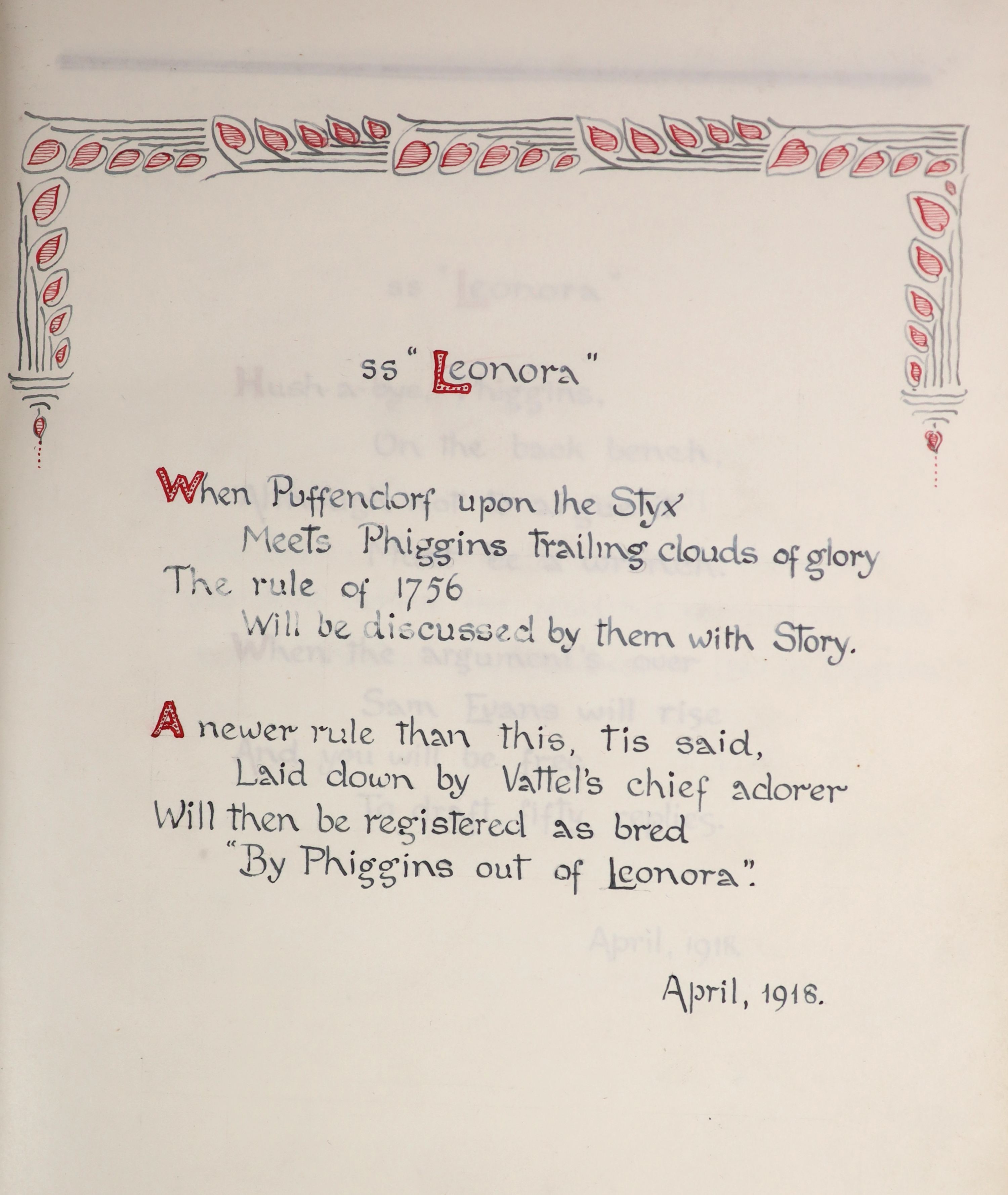 An early 20th century album of manuscript poetry and verse, in a fine calligraphic hand, mainly in black ink, with rubricated capitals, interspersed with 18 comical caricatures, drawn in black, red and blue pen and ink